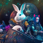 Futuristic armored anthropomorphic rabbits in cosmic setting
