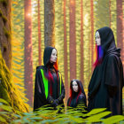 Colorfully painted individuals in robes in forest with sunlight.