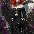 Two stylized women in futuristic gothic attire with red and purple accents in urban setting.