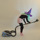 Person in vibrant witch attire vacuuming with futuristic cleaner