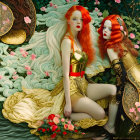 Stylized women with red hair on lily pads in pond with lotuses