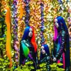 Colorful mannequins with bright hair and patterned outfits on geometric backdrop