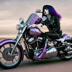 Purple-haired woman on custom motorcycle against soft sky backdrop