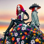 Two women with red hair in fashion attire on floral arrangement at twilight