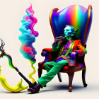 Colorful Artwork: Skeletal Figure Smoking Hookah on Chair