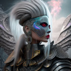 Platinum blonde hair and futuristic dark armor with heart-shaped eye patch