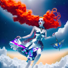 Surreal digital art: Metallic-skinned female figure with red hair in clouds with orbs and styl
