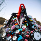 Red-haired woman on chromatic motorcycle in black attire