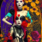 Gothic-inspired artwork: Two stylized women with striking makeup amid floral backdrop