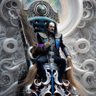 Elaborate digital artwork: Regal figure in ornate attire on intricate throne