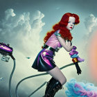 Futuristic female anime characters with blue and red hair and motorcycle on gradient background