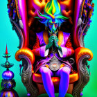 Colorful surreal image: Blue-skinned figure on ornate chair