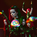 Surreal portrait of women with red hair in green costumes on cosmic backdrop