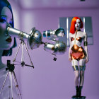 Surrealist image: Robotic woman with red hair and telescope, large looming face