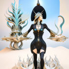 Stylized female figure with ornate headdress and flowing hair in surreal digital artwork