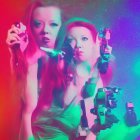 Futuristic digital artwork: Three cybernetic females in neon backdrop
