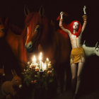 Red-haired woman in gold costume with horses and rabbits around candelabra