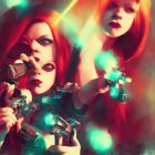 Vibrant futuristic glam women with colorful hair and cybernetic enhancements