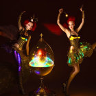 Colorful punk-styled female characters with exaggerated makeup posing beside a mirrored orb.