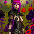 Pink-haired woman in gothic attire among wildflowers and glowing orbs