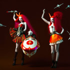 Whimsical female figurines in vibrant marching band outfits with surreal elements and colorful stars on brown background