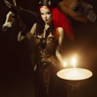 Futuristic Queen of Hearts with Red Hair in Armored Dress & Top Hat