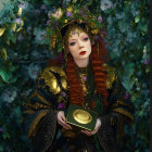Red-haired woman in gold headpiece and robe with book among flowers