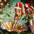 Two Red-Haired Women in Gold Outfits by Water with Lilies