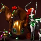 Stylized red-haired female characters with horns and golden horse in dark background with pink flowers