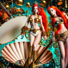 Red-haired women in fantasy warrior costumes with shields and spears against golden orb backdrop.