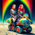 Stylized figures with red hair and body art on colorful quad bike in desert landscape