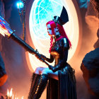 Red-haired person in gothic attire poses in mystical cave with glowing portal