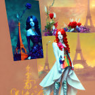 Colorful digital artwork: Two female figures in intricate outfits against surreal Eiffel Tower backdrop