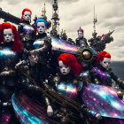 Futuristic robotic figures with red and pink hair in metallic outfits against cloudy sky