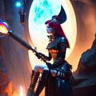 Red-haired futuristic warrior woman in cyberpunk attire in cave with glowing portal and candles.