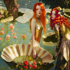 Stylized women with red hair on water lily pads in a floral pond