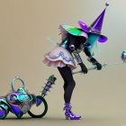 Futuristic witch in shiny armor with staff next to high-tech vacuum cleaner