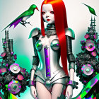 Female android in red hair and metallic armor with green bird on shoulder