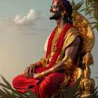 Smiling man with gold jewelry and headdress against ornate backdrop