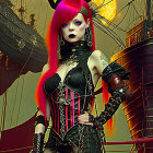 Surreal portrait of woman with red hair in gothic attire against steampunk background