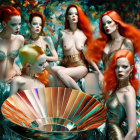 Stylized women with vibrant red hair and bold makeup against colorful backdrop with clamshell and motorcycle elements