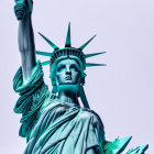 Person with Statue of Liberty-inspired makeup holding flame on blue background