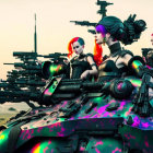 Futuristic female warriors in red hair and purple bodysuits on camouflaged tank with advanced