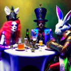 Three futuristic characters in elaborate costumes and hairstyles at a neon-lit cyberpunk table.