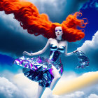 Vibrant image of woman with red hair and blue skin in futuristic attire against cosmic backdrop