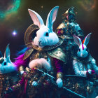 Cosmic surreal scene: people in shiny rabbit-head costumes under starry nebula.
