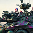 Stylized female characters with red hair and sniper rifle in colorful meadow