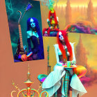 Colorful surrealist artwork: Two women, vibrant hair, flowers, guitar, cityscape