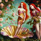 Two red-haired female figures in ornate dresses with blooming flowers and a large pink shell on teal