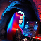 Futuristic female android with glowing red hair in vibrant blue and red-lit cavern
